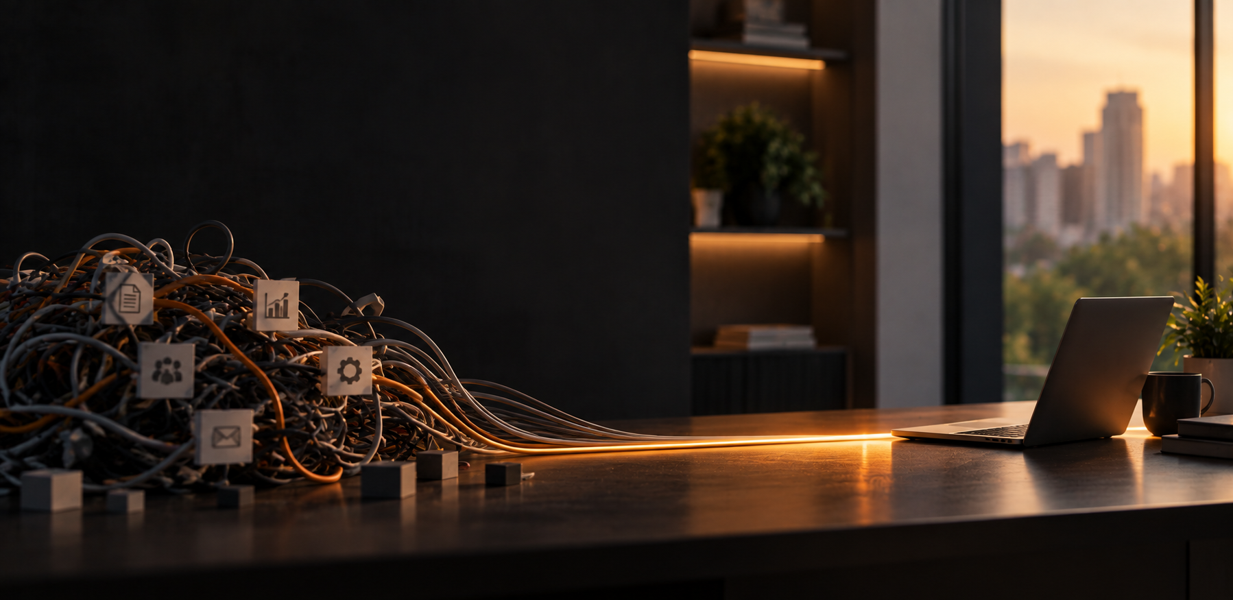 Tangled technology cables resolve into one illuminated path leading to a laptop.