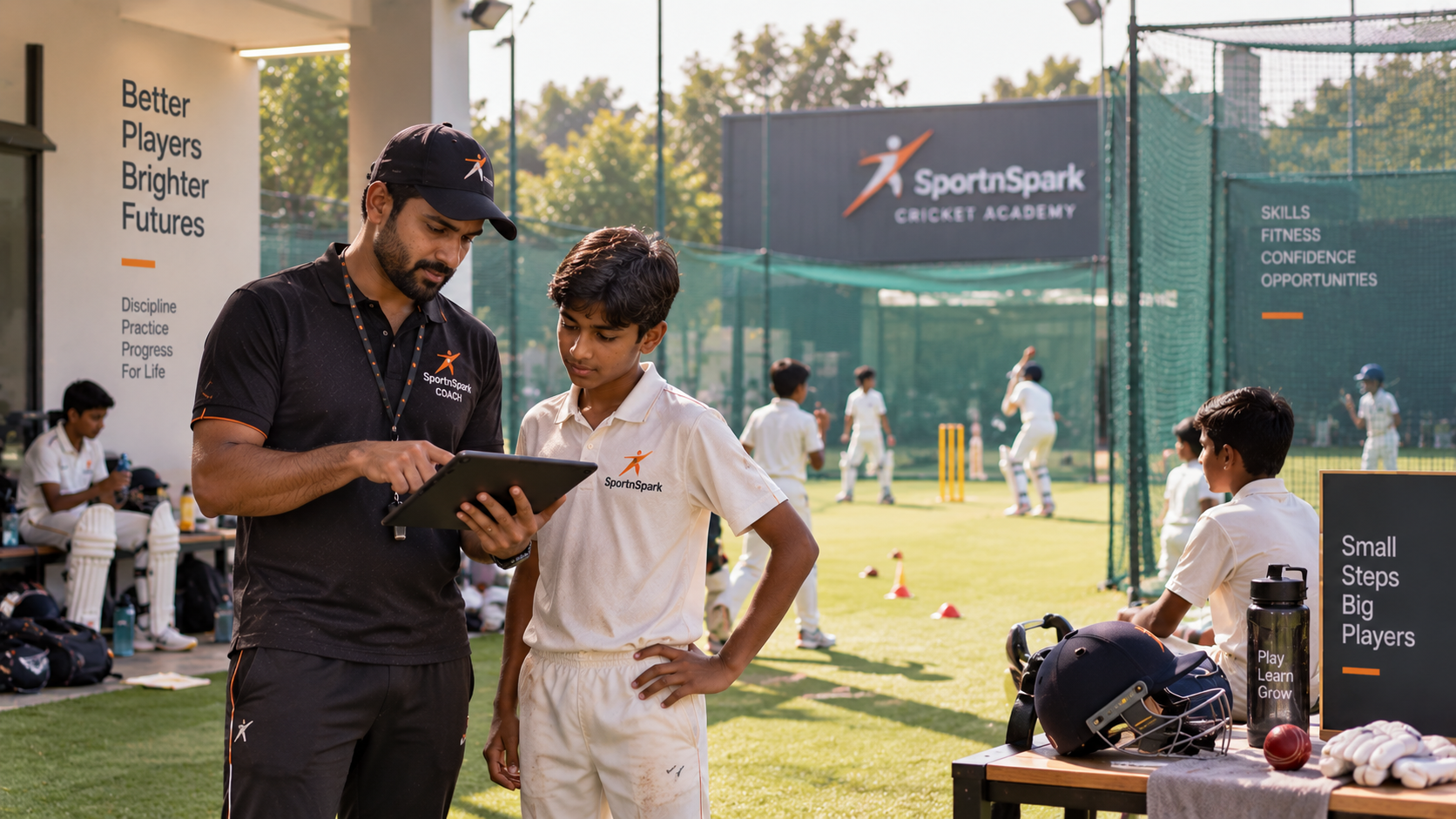 A cricket coach reviewing a tablet with a student beside practice nets.