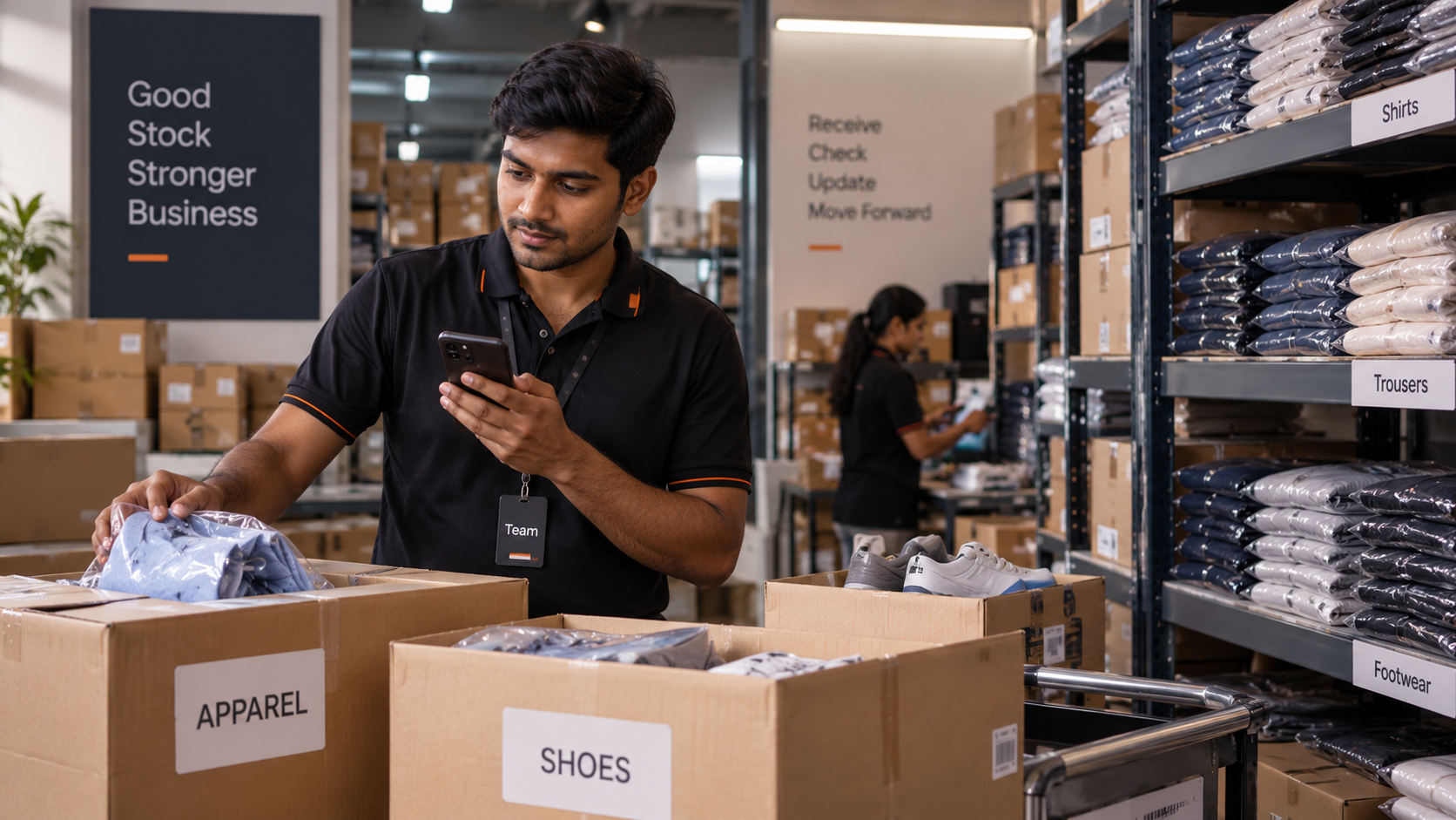 Retail employee using a phone while checking shirts and shoes in incoming stock boxes.