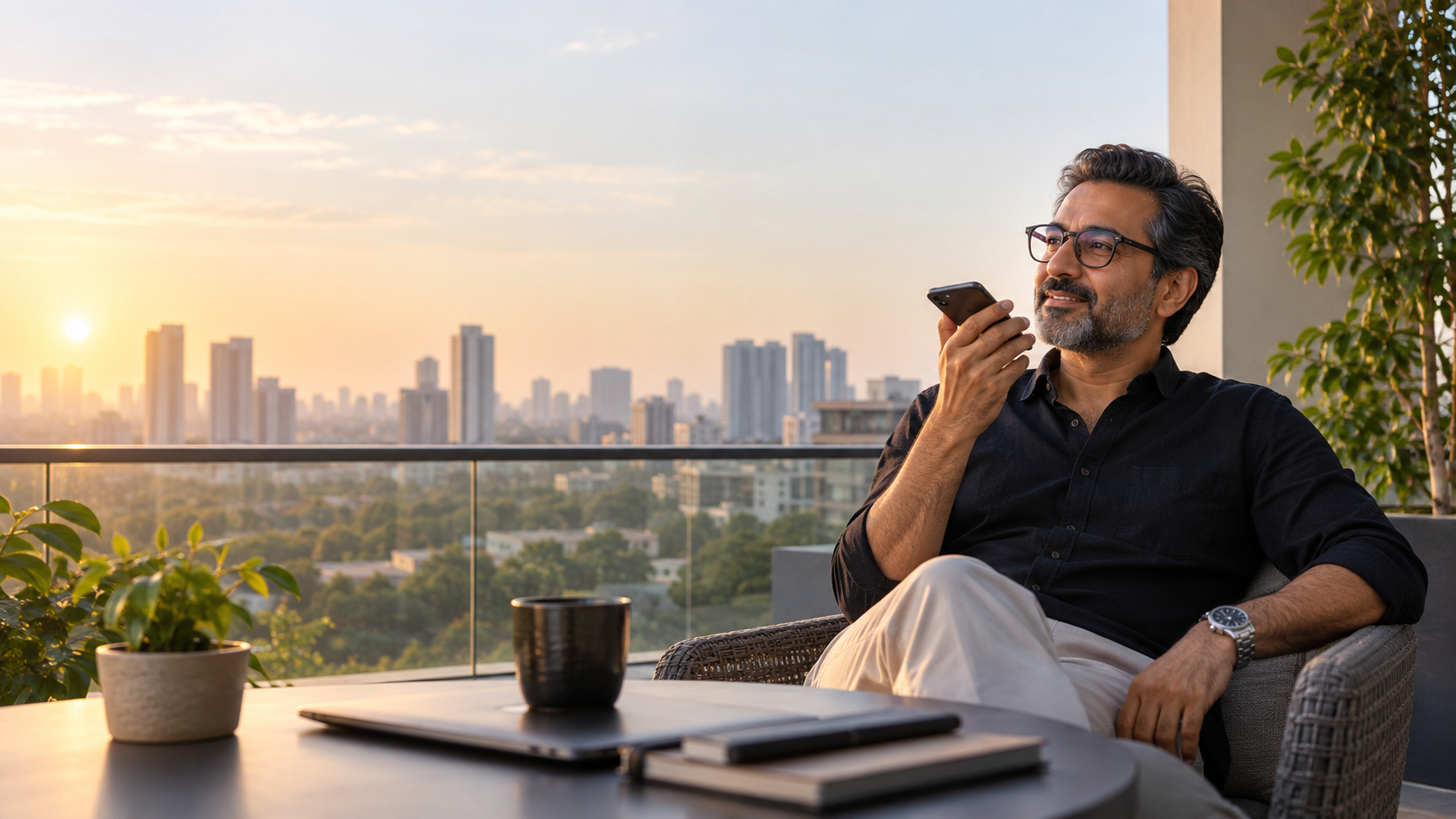 Business owner speaking into a phone on a sunlit terrace, with coffee nearby.