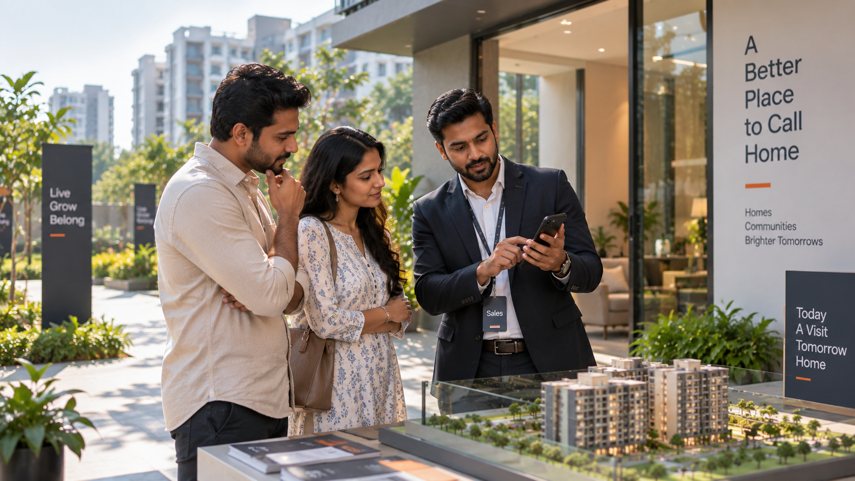 A property salesperson discusses a home with a couple beside an apartment model.