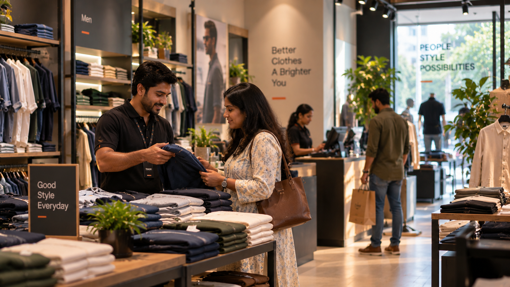 A retail employee helps a customer choose clothing in a store.